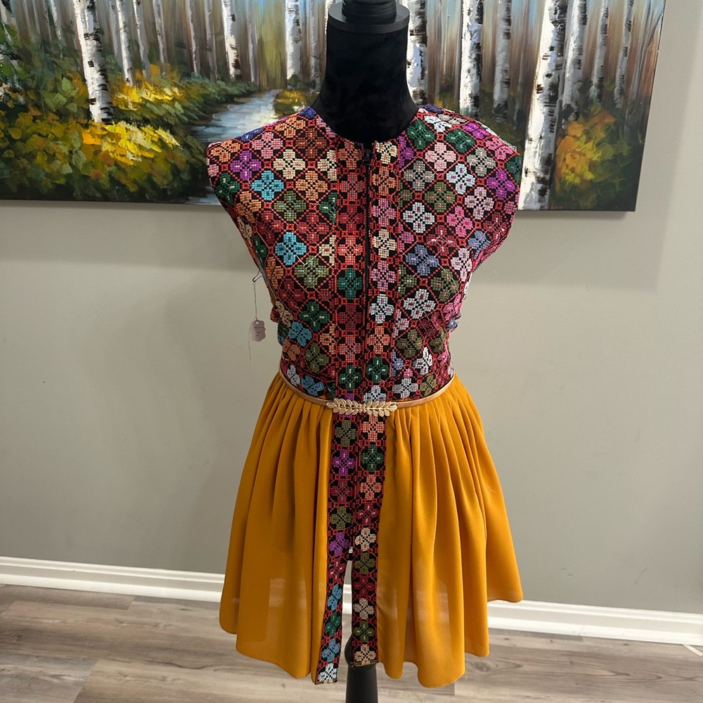 Women’s Mustard Yellow Pleated  dress with Multicolor Waist Panel